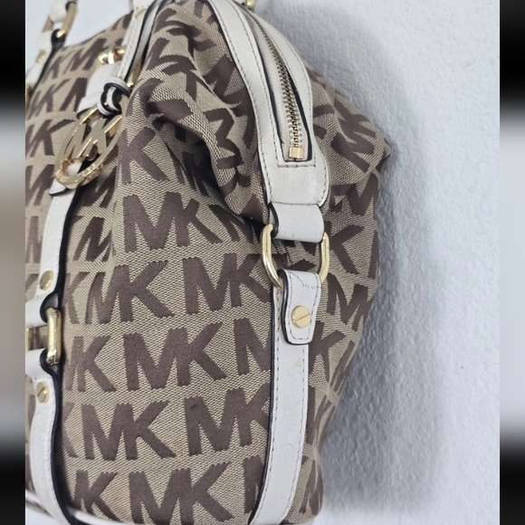 Michael Kors Handbag Bedford Women Medium Logo Satchel Jacquard Beige - Picture 11 of 14